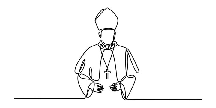 Continuous one line drawing of a catholic bishop wearing a mitre hat and cross necklace Vector, illustration