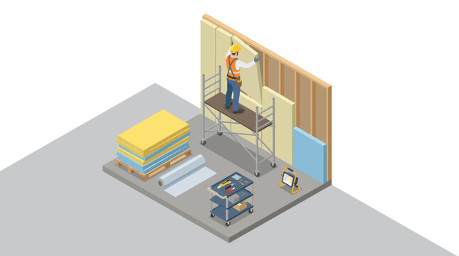 This isometric image portrays a construction worker on scaffolding, actively working on building a wooden wall, symbolizing diligence and craftsmanship in the construction industry.