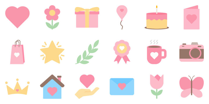 Mother&rsquo;s Day Icon Set with Heart Flower Gift Cake Balloon and Love Elements
