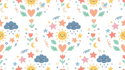 Naklejka premium Cute Sky Elements Seamless Pattern - Sun, Clouds, Stars, Hearts, Flowers