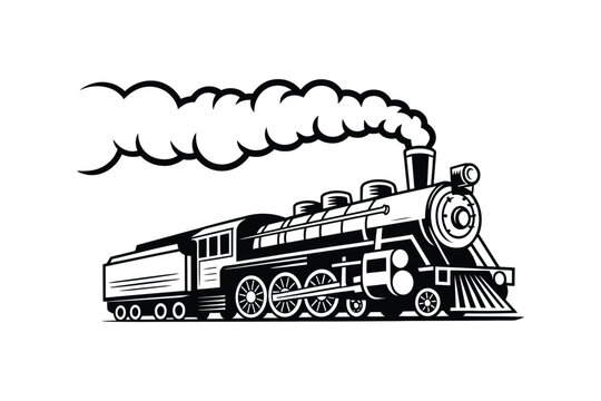 Moving retro steam locomotive, vintage train emblem symbol vector illustration, detailed classic railway engine in retro style, dynamic motion concept for transport branding, posters, badges.