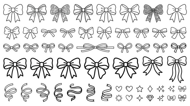 Set of various gift bows ribbons and confetti elements outline drawing.