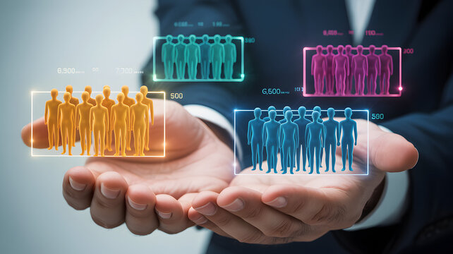 Hands holding glowing demographic segments with data visualization for business analysis