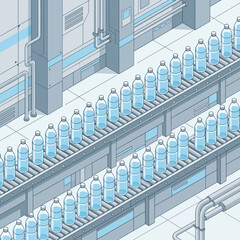 Fototapeta premium Automated Water Bottling Plant with Isometric Conveyor Belts and Plastic Bottles in a Modern Industrial Factory Illustration
