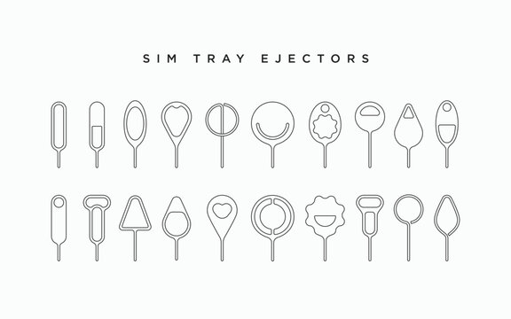 Sim tray ejector linear icons set. Sim card ejector pin needle key tool symbol logo icon sign collections. Editable stroke. Vector illustration