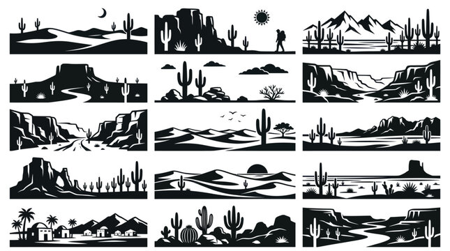 Nature Travel Black Silhouette Desert Landscape Vector Art: Cacti, Canyons, Dunes, Mountains