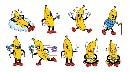 Naklejka premium Cute banana characters, cartoon fruit illustrations, funny emoticon faces, vector emoticons set