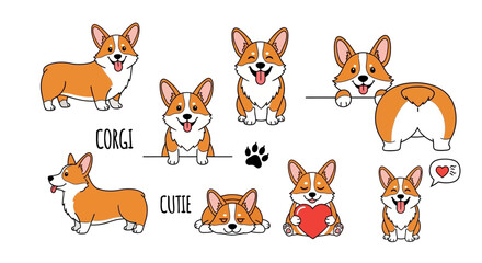 Fototapeta premium Corgi stickers, cute dog illustrations, corgi characters, cartoon pets, sticker set