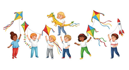 Fototapeta premium Colorful children, kids flying kites, playful illustrations, vector set, fun outdoor activities, kids' entertainment