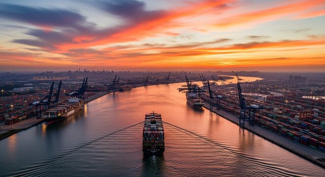 Massive Cargo Ship Navigates Busy Shipping Channel at Sunset Amidst Container Ports and Industrial