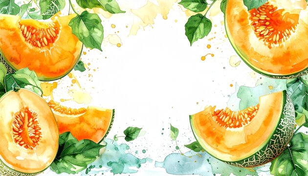 Watercolor splash illustration of melon with white background and center space