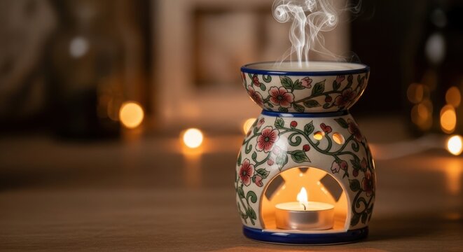 Ornate Ceramic Oil Burner with Delicate Floral Motif Emitting Fragrant Steam