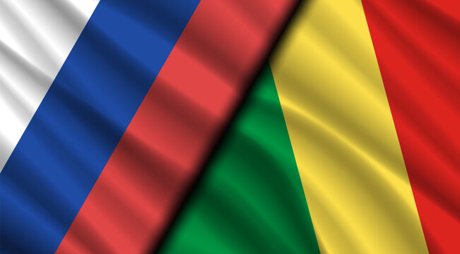Vector politico economic poster. Wavy flags of Russian Federation and Republic of Congo. Deal and friendship. Relations between countries.