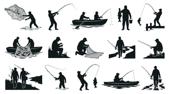 Fisherman Icons Set - Black and White Silhouette Vector Graphics