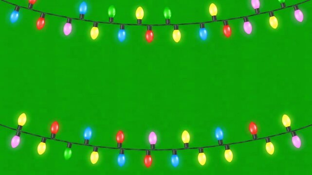 Animation Colorful Light Garland Frame for Design Christmas, New Year Template Isolate on Green Screen. 4k Stock Video