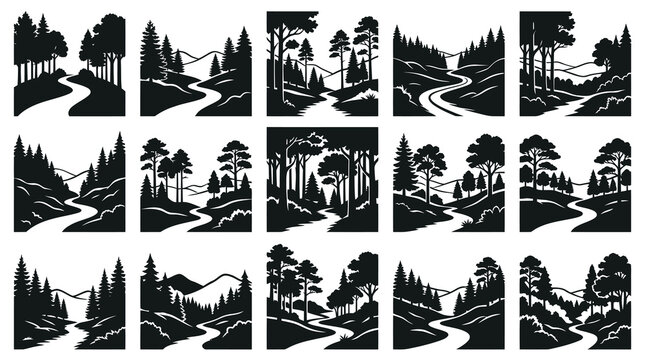 Nature Silhouette Vector Landscapes Set: Forests, Mountains, Rivers, Winding Paths  Trails