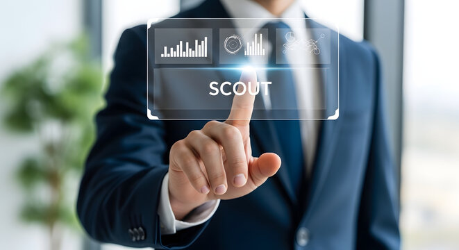 Business professional interacting with a transparent digital interface displaying data and the word 'scout'