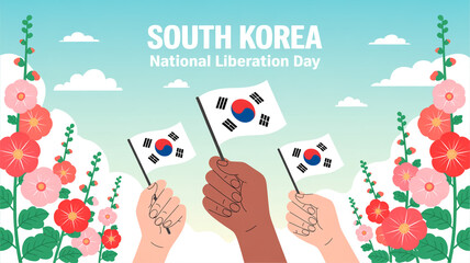 Vibrant digital artwork celebrating South Korea's Liberation Day, featuring diverse hands proudly waving national flags amidst blooming pink hollyhocks, a modern patriotic composition