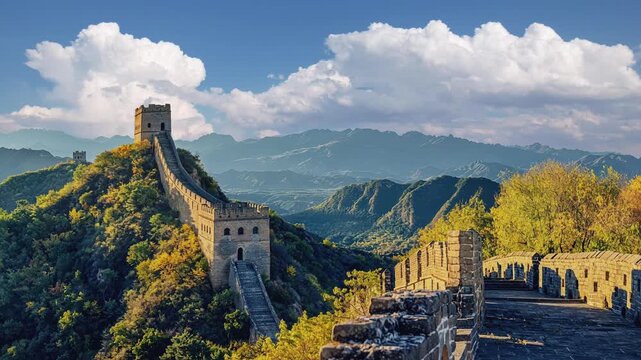 Timelapse of the Jinshanling Great Wall at sunrise, highlighting the magnificent view, rugged terrain, and shifting light across the ancient wall.