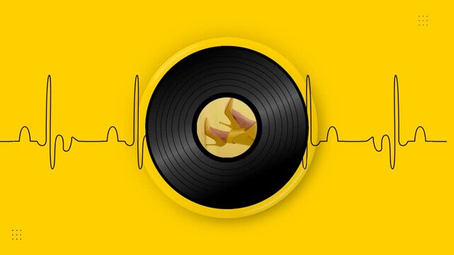 Minimalist music concept featuring vinyl record graphic with stylish heels yellow background.