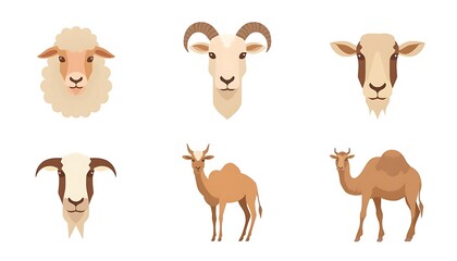 Fototapeta premium Collection of six cartoon animal heads and figures including sheep ram goat camels with farm animals domestic animals desert animals petting zoo animal kingdom animal breeds livestock