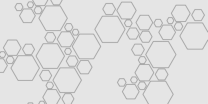 White and grey technology hexagonal stoke background. Abstract gradient hexagon digital technology background. Molecular structure abstract tech background. Geometric white background. 