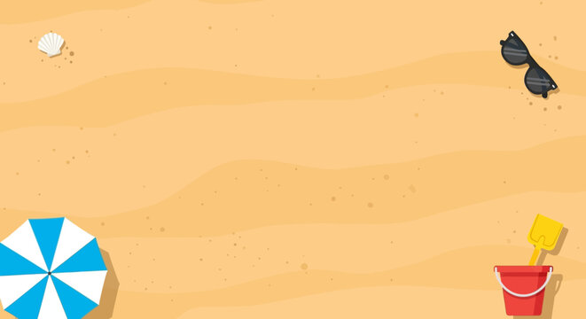 Top view flat lay vector illustration of summer beach background with umbrella, sunglasses, and sand bucket