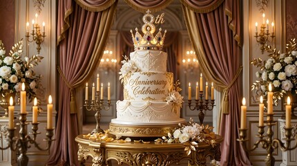 Fototapeta premium Grand 8th anniversary fourtier white cake with golden crown topper in an opulent royal ballroom interior