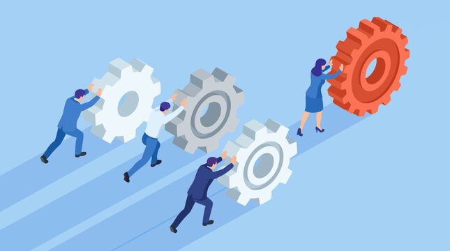 This image features a dynamic group of individuals collaboratively pushing different gears, symbolizing teamwork, progress, and innovation in a professional setting emphasizing productivity.