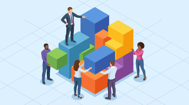 An illustration showing a diverse team of people collaborating in building blocks, symbolizing teamwork, creativity, and the constructive process of achieving common goals.