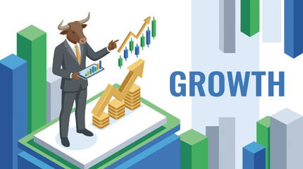 A bull figure representing growth in the stock market stands amidst upward-trending graphs, symbolizing financial success and market optimism with bold design elements. © free