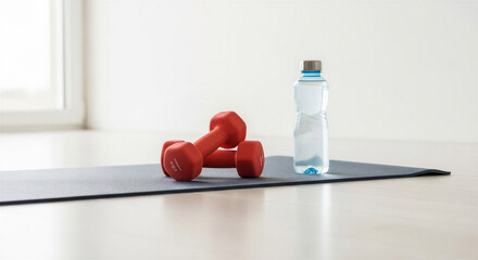Fototapeta na wymiar Red dumbbells and water bottle on exercise mat in bright room 