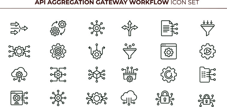 API aggregation gateway workflow icon set with data integration routing processing and system connectivity for modern web services