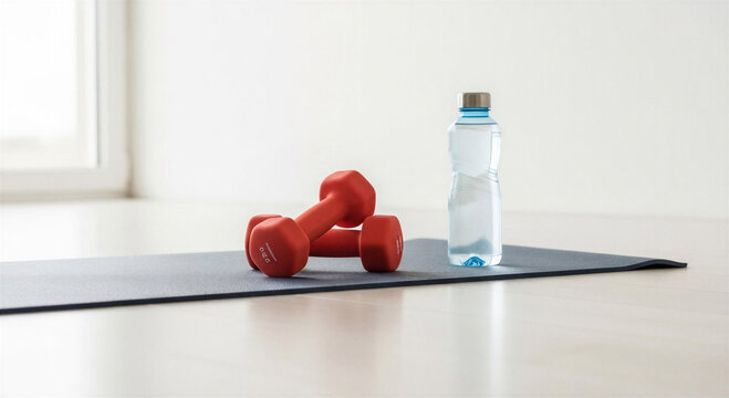 Red dumbbells and water bottle on exercise mat in bright room  
