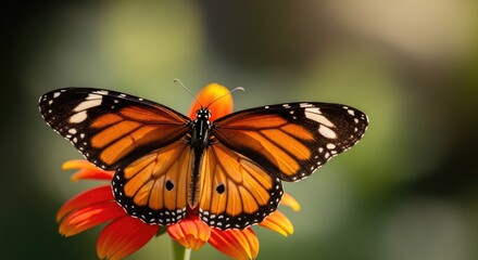 Fototapeta premium A monarch butterfly perched on a vibrant orange flower, its wings spread wide in a display of natural beauty.