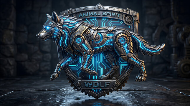 Animal Spirit Icon: A 3D "Future Medieval" metallic icon of a wolf, glowing with "Electric Pulse" circuitry.