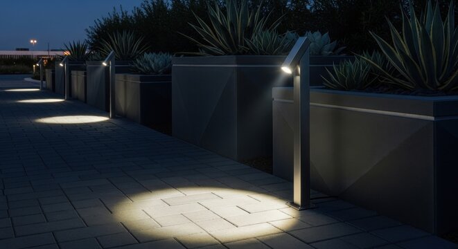 Contemporary Brushed Stainless Steel Pathway Light Illuminating Stone Walkway at Night