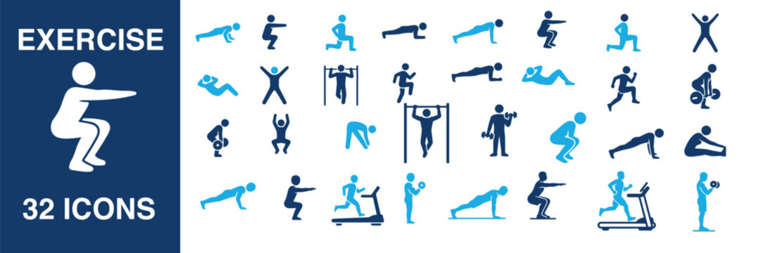 Large mega set of 32 exercise icons featuring gym workout poses, fitness training, bodyweight silhouettes, cardio activities, cad drawing flat vector illustration, isolated.