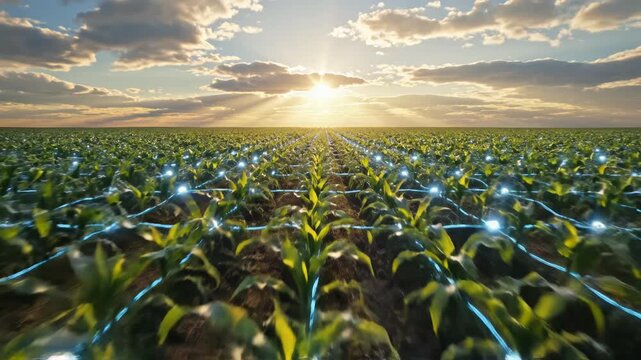 Sunlit cornfield with irrigation emphasizing natural beauty and pristine environments