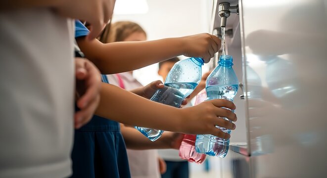 Children filling reusable water bottles at a school water fountain station