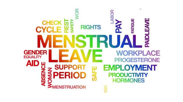 Menstrual leave concept Animated Tag Word Cloud kinetic typography, Text Design Animation typography seamless loop video motion graphics Intro Wordart workplace rainbow type on white background bg bac