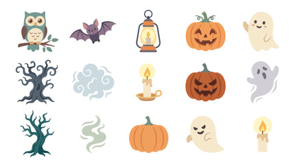 Obraz premium Halloween Icons Set: Spooky Owl, Bat, Pumpkins, Ghosts, Trees, Lantern, Candle