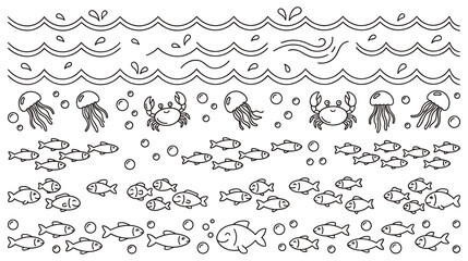 Sea waves fishes jellyfish and crabs marine animal outline design. © NAZMA
