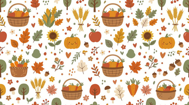 Cute Autumn Harvest Pattern with Pumpkins, Leaves, and Baskets