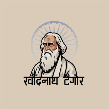 Rabindranath Tagore Portrait Illustration with Abstract India Map Background and Floating Devanagari Letters Creative Composition