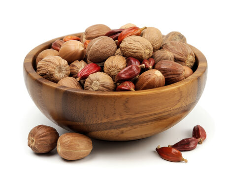 Whole nutmeg seeds and red mace arils in a rustic wooden bowl isolated on a plain white background