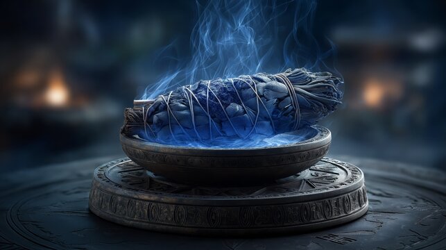 A glowing blue sage smudge stick in an ornate bowl, wisps of smoke rising create a mysterious, spiritual atmosphere with soft light and mystical ritual ambiance