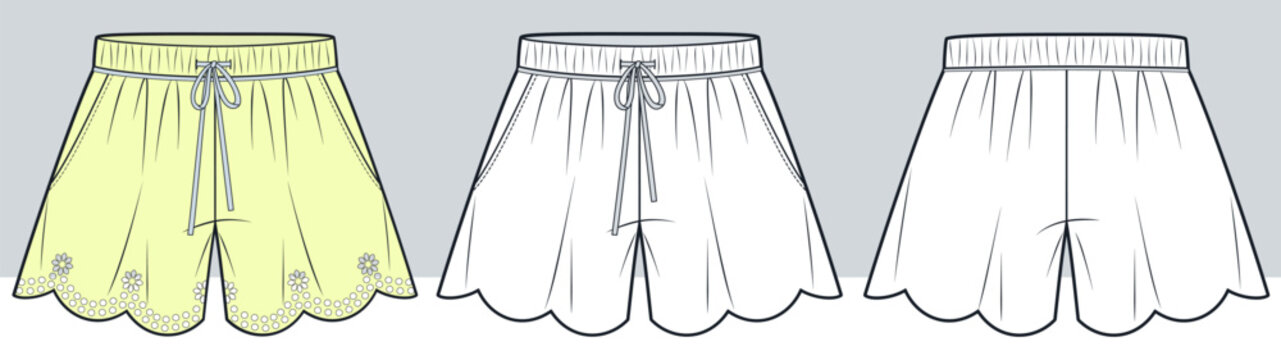 Women Embroidered Summer Shorts Fashion Flat Technical Drawing Featuring Scallop Hem and Front Back Views