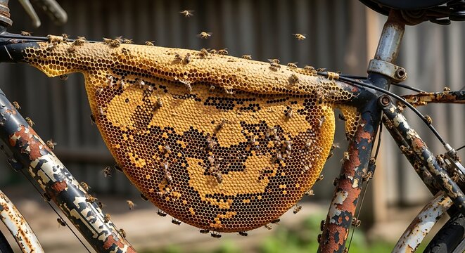 A close-up view of a beehive attached to a bicycle frame, with bees buzzing around.