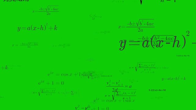 Algebra formula animation with equations and mathematical symbols flowing abstract educational background loop effect on greenscreen 4k.